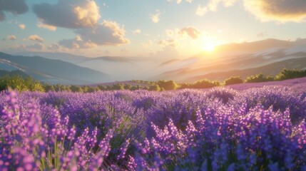 Naklejka premium Lavender Sunset: Serene Hills and Purple Fields
