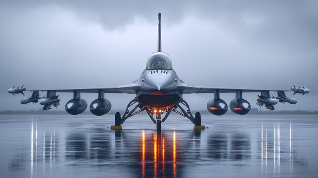 F-16 fighter jet on wet runway.