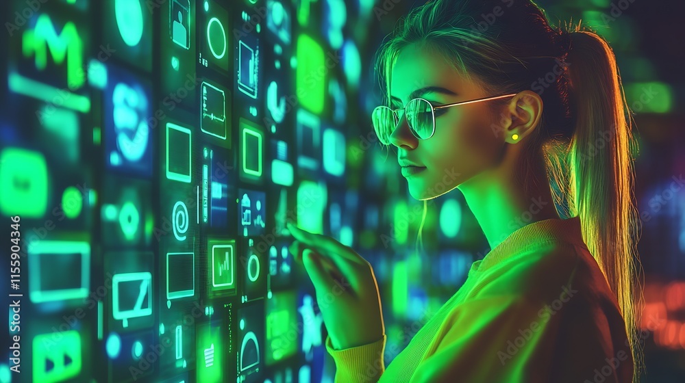 Poster Young woman interacts with futuristic digital screen in a high-tech neon setting : Generative AI