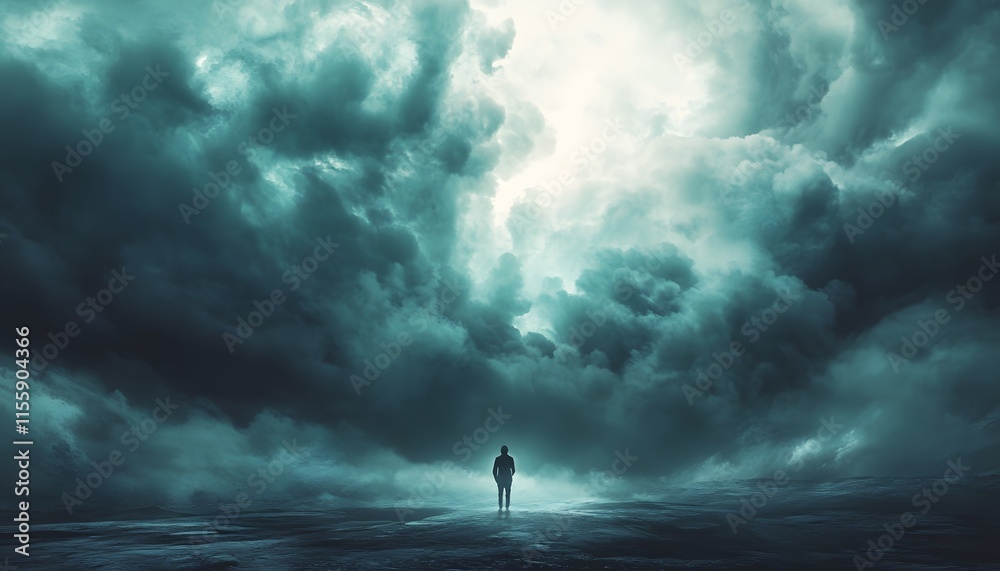 Poster a solitary figure stands amidst dark and moody storm clouds, creating an atmosphere of mystery and c