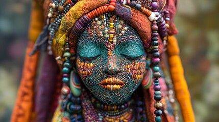 Fototapeta premium Colorful beaded mosaic sculpture of a woman's face