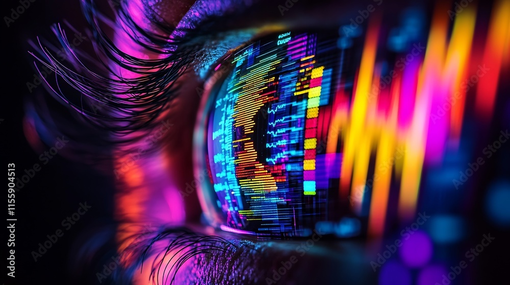 Poster closeup of eye reflecting vibrant financial data displaying market trends : generative ai