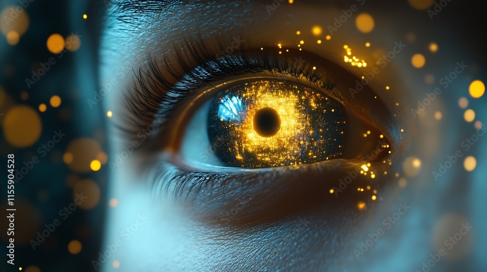 Poster captivating human eye with intricate golden and blue light swirls representing digital age : generat