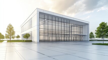 Fototapeta premium Modern architectural building with large glass windows and landscaped surroundings.