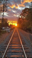 Fototapeta premium Stunning sunset view at a quiet railway station with tracks leading into the horizon