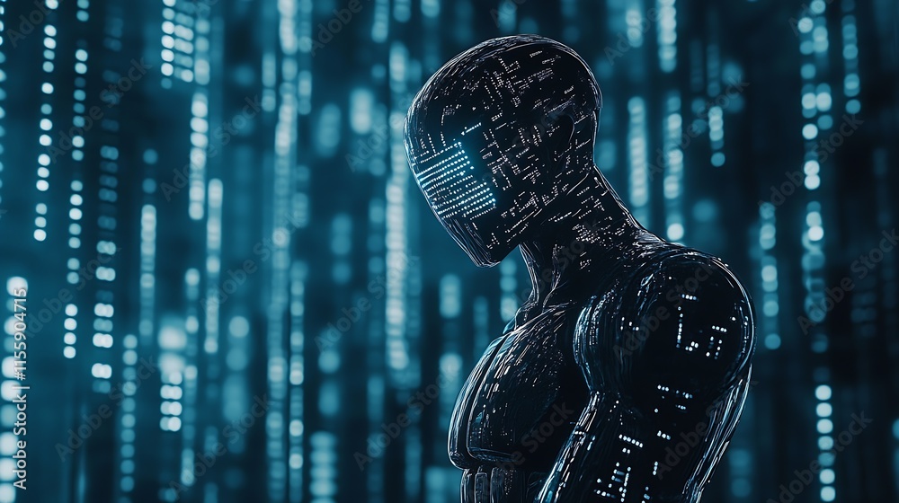 Poster Digital Cybernetic Entity in Data-Infused High-Tech Sci-Fi World : Generative AI