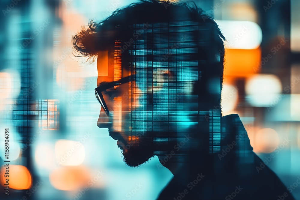 Aufkleber Profile of Focused Man in Digital Workspace Analyzing Data Amid Futuristic Visual Effects : Generative AI