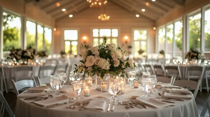 Elegant wedding reception setup with floral centerpiece and soft lighting in a banquet hall