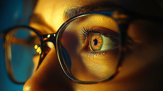 Close Up of Eyes with Glasses Focused on Digital Screen Reflecting Technology and Innovation : Generative AI