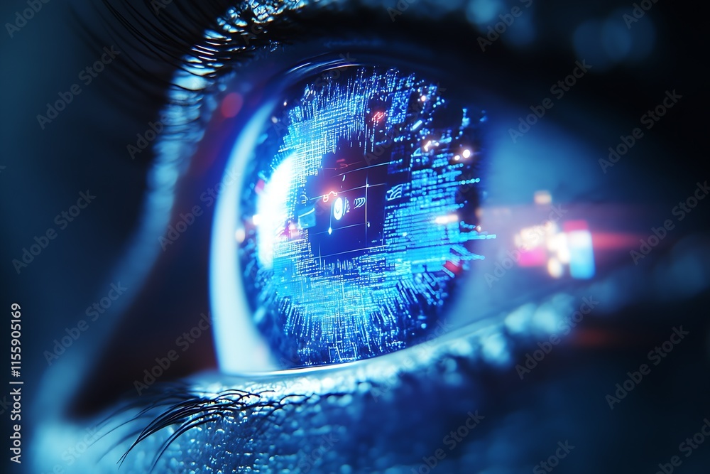 Poster closeup of human eye with digital virtual interface in blue tones representing cyber vision and tech