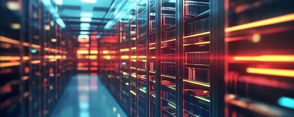 High-Tech Data Center Corridor with Vibrant Lighting and Digital Interface : Generative AI