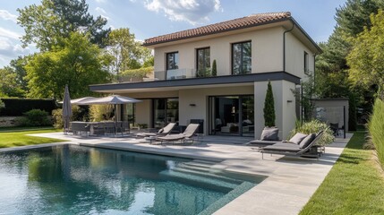 Fototapeta premium Charming Modern Villa with Pool and Garden, Showcasing Contemporary Architecture and Property Design