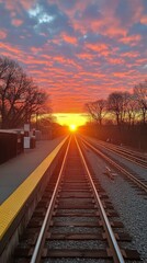 Fototapeta premium Stunning sunset view at a quiet railway station with tracks leading into the horizon