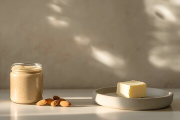 A minimalist kitchen with a jar of almond butter on one side, a plate of butter on the other side, and almonds beside, bathed in soft light, illustrating the concept of healthy living and eating healt