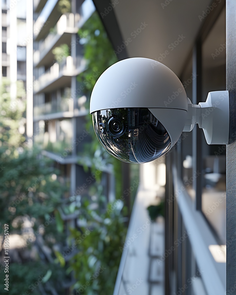 Poster modern security camera overlooking urban landscape with greenery : generative ai