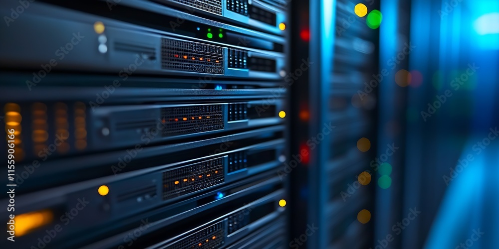 Fototapete Advanced Technology Network Server with LED Lights in a Modern Data Center : Generative AI