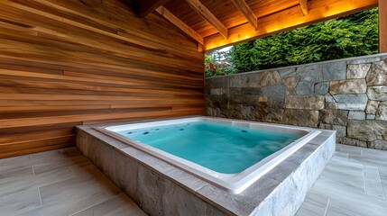 Modern Indoor Spa with Wooden Walls and Stone Accents