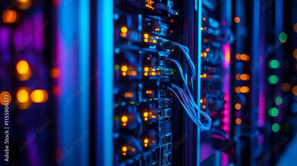 Leinwandbilder vibrant led lighting on data server racks with cables in modern server room : generative ai