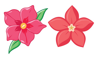Pink and Red Floral Vector Pair, A vector set featuring two floral designs: a vibrant pink flower with green leaves and a sleek red flower with five petals.
