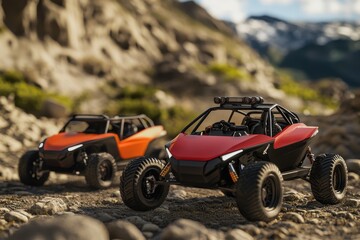 Miniature off-road vehicles on a rocky path in a mountainous landscape