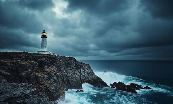 Lonely lighthouse on a rocky cliff with stormy sea view and gray cloudy sky