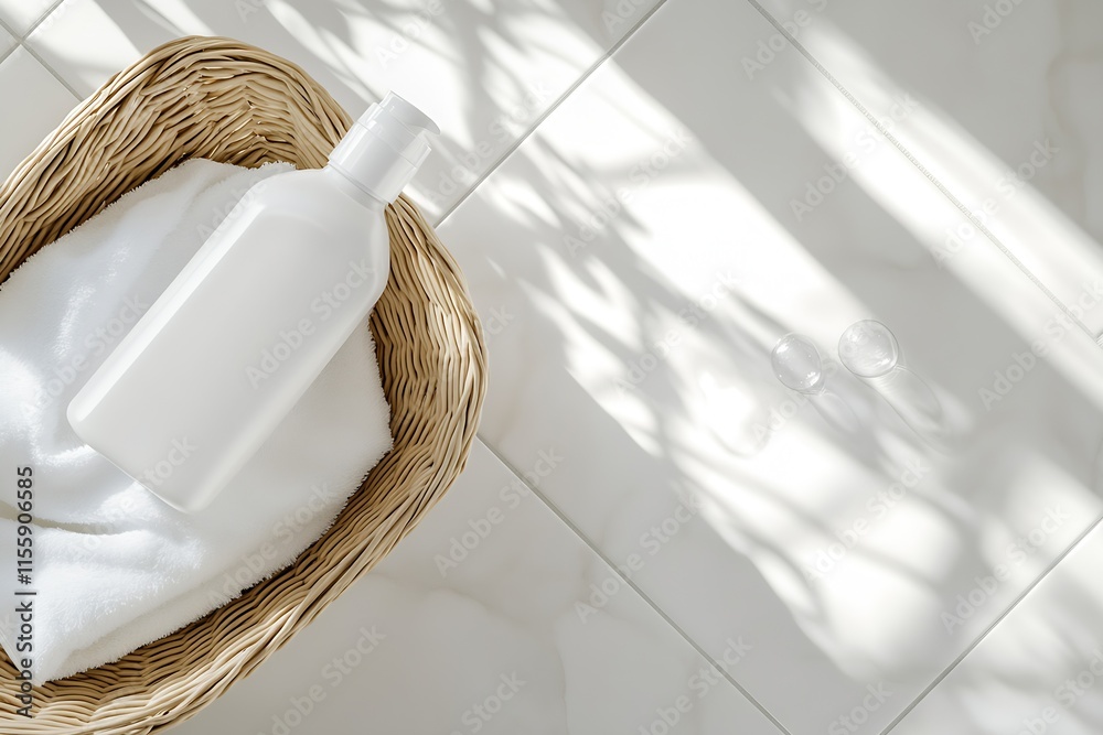 Poster Minimalist Bathroom Decor with Soap Dispenser on Wicker Basket and Shadow Play : Generative AI
