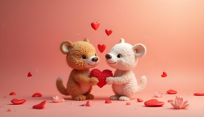 Fototapeta premium Two cute mouse adorable cartoon style valentines character 3d render clean background
