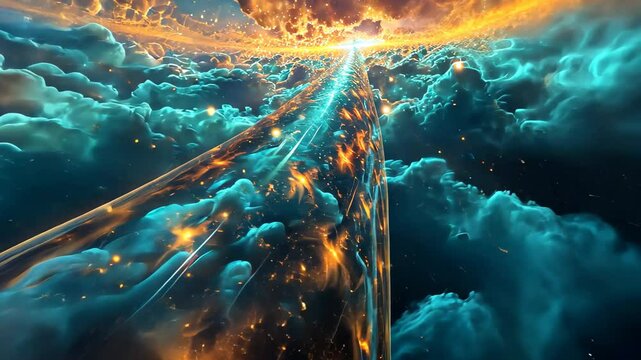 A videograph showcasing the sky adorned with an abundance of clouds and twinkling stars, Futuristic, abstract tower reaching high into the cosmos