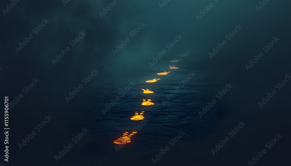 Poster mysterious footprints glowing in misty darkness, symbolizing journey, exploration, and discovery in 