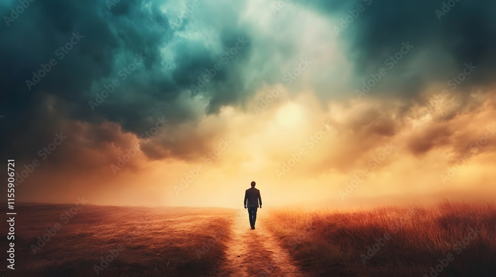 Poster solitary figure walking down a pathway under dramatic cloudy skies at dusk evoking feelings of isola