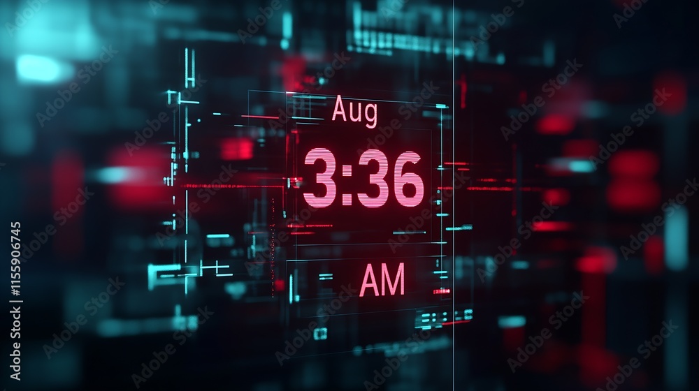 Poster Cyberpunk Styled Digital Clock Display with Neon Red and Blue Effects : Generative AI