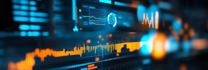 Futuristic Data Visualization Dashboard with Dynamic Graphs and Charts in Blue and Orange Tones : Generative AI