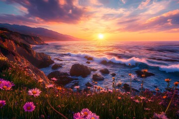 a breathtaking coastal cliffside with ocean waves crashing against dramatic coastline at sunset with vibrant colors