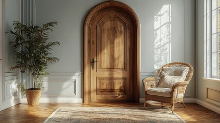 Sunlit room with arched door, chair, and plant.