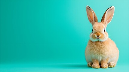 Obraz premium Cute brown rabbit sitting on vibrant teal background with space