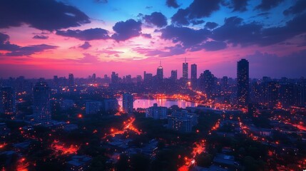 Fototapeta premium Houston skyline illuminated at dusk with glowing city lights and vibrant colors