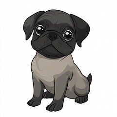 Fototapeta premium Cute cartoon illustration of a playful pug dog with big eyes, sitting happily, perfect for pet lovers and children’s book designs, vector art.