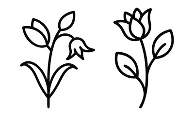 Minimalist Outline Vector of Two Flowers, A simple vector design featuring two black outline floral illustrations with elegant stems, leaves, and minimalistic flower shapes.

