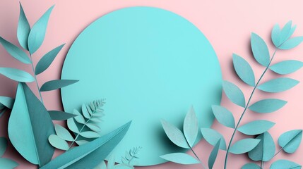 Teal paper leaves and circle on pink background.