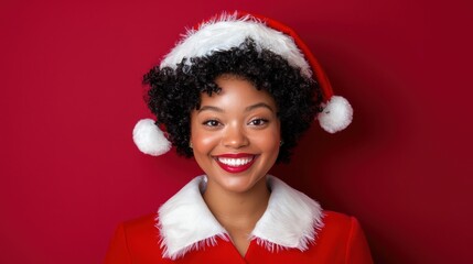 Cheerful Young Woman in Santa Hat Against Red Background
