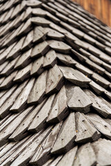 Old traditional wooden shingled roof pattern background, copy space