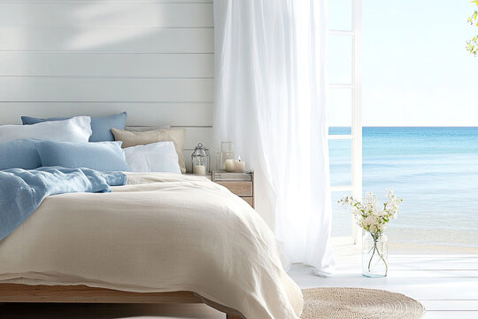 Ruhiges Schlafzimmer mit Meerblick und maritimen Details &ndash; Urlaub am Meer