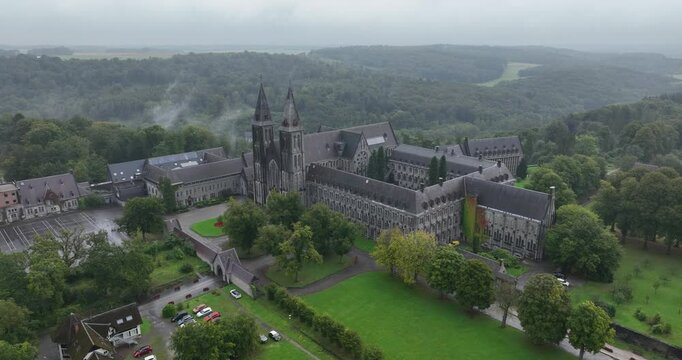 Aerial view of The Abbey of Maredsous is a Benedictine monastery, Belgium, Namur