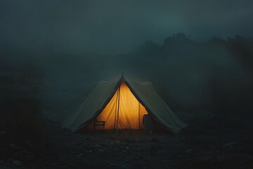 Cozy tent glowing warmly under a starry night sky in a remote location
