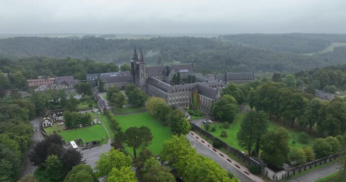 Aerial view of The Abbey of Maredsous is a Benedictine monastery. Belgium, Namur