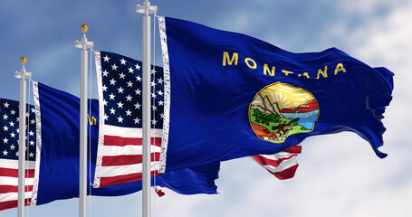 Montana state flags waving in the wind with the American flags on a clear day