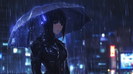Fototapeta premium A confident anime girl standing on a rooftop during a rainy