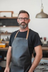 A man with a beard and glasses stands in front of a workbench. He is wearing a black apron and a black shirt