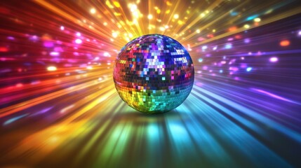 A dazzling disco ball spins at the center, casting colorful reflections across the room, creating an electric party ambiance