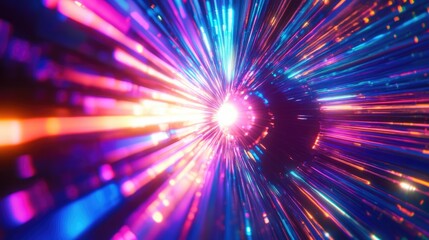Obraz premium Bright beams of light explode in dynamic colors, forming an enchanting tunnel filled with energy, reminiscent of a cosmic journey